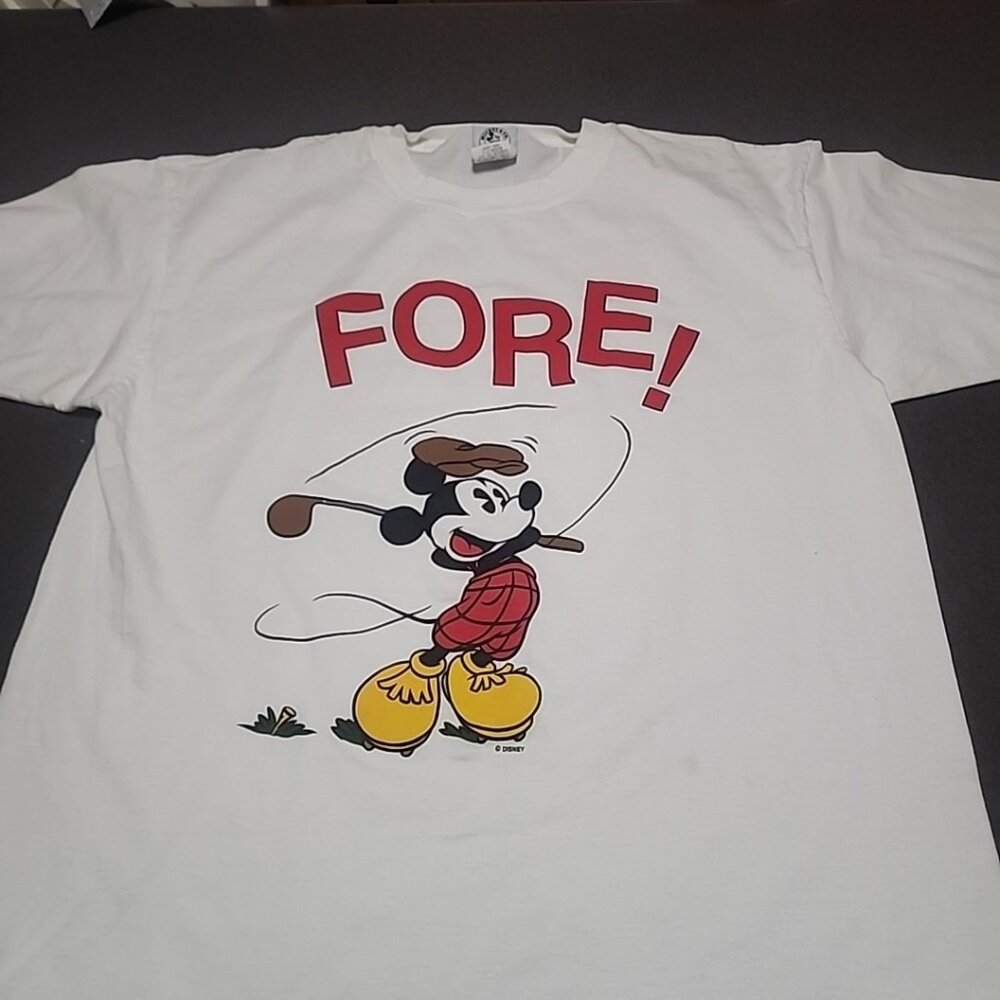 Vintage 90s Disney Mickey Mouse Golf T-Shirt FORE! Graphic Tee White Single...